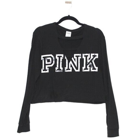 VS PINK Cut-out Detail Black Crop Top Long Sleeve Size Medium - Picture 1 of 4